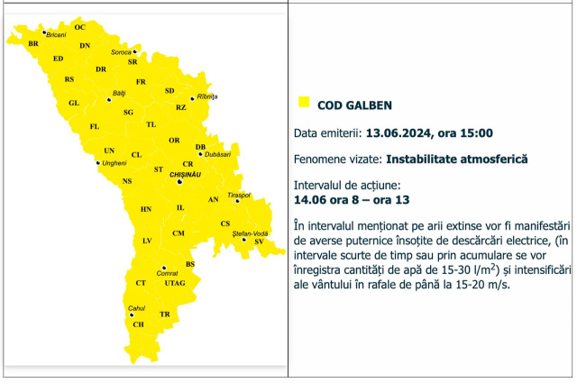 ATENȚIE: Codul Galben de instabilitate atmosferică a fost prelungit până pe 14 iunie 2024, ora 13:00